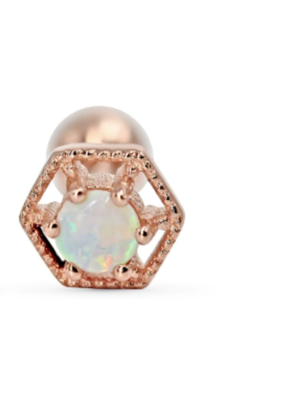 White Opal sitting inside Solid Rose Gold 14k Hexagon.
